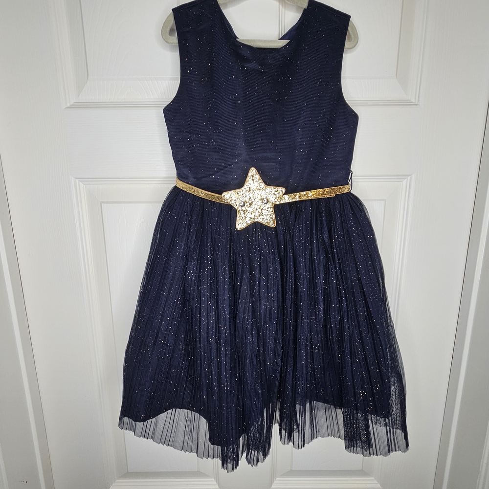 George Girls Fit & Flare Sequin Dress Navy Blue Gold Star Belt Size 5